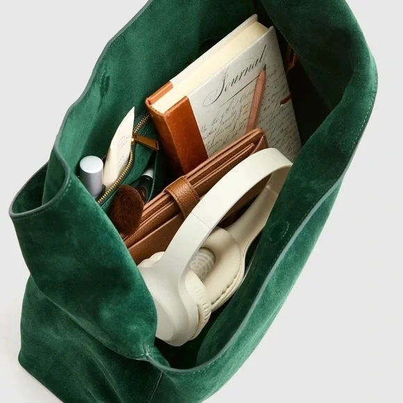 Quince Italian Suede Slouchy Shoulder Bag in Green B269 - Picture 5 of 12